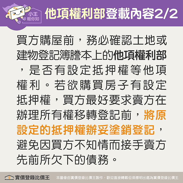 謄本他項權利部登載不動產的他項權利情形，民眾須注意物件原始設定的抵押權是否已辦塗銷登記